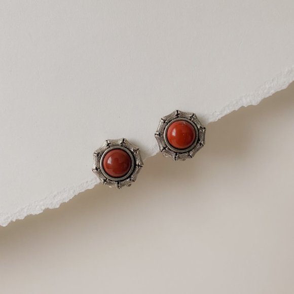 Unbranded Jewelry - Vintage Red Jasper Gemstone Silver Tone Bamboo Frame Round Clip On Earrings